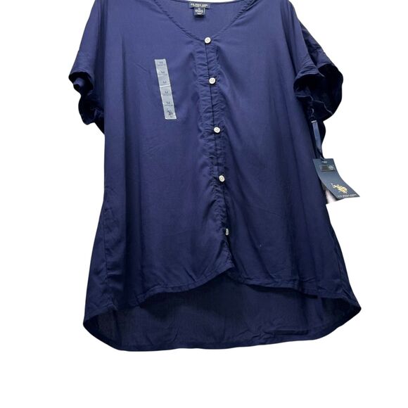 U.S. POLO ASSN. Women Short Sleeve Button Front Navy Blue Blouse V-Neck Medium - Picture 5 of 8